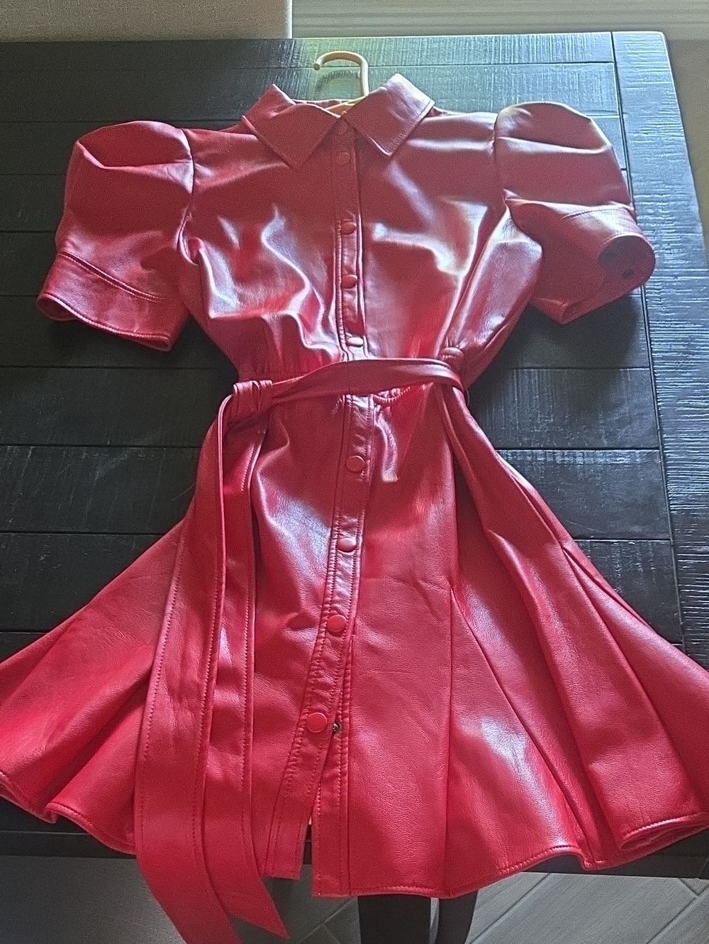Alice + Olivia Red Faux Leather Button-Front Belted Dress
